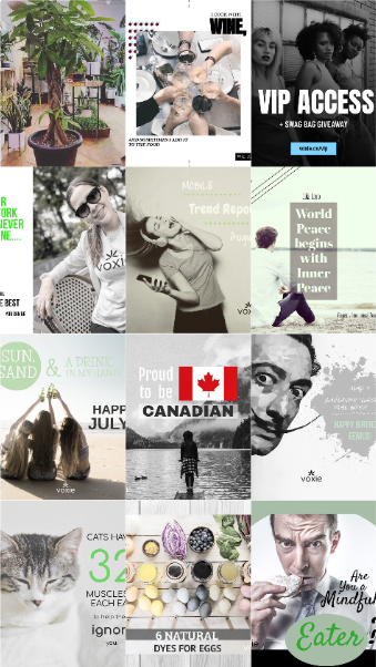 Twelve Voxie social posts combining lifestyle photography, bold typography, cultural moments, playful observations and sage-green accents.