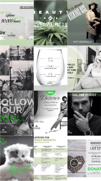 Twelve Voxie posts combining editorial imagery, wit, thoughtful messages and green-accented type, including Follow Your Soul and Be Kind.